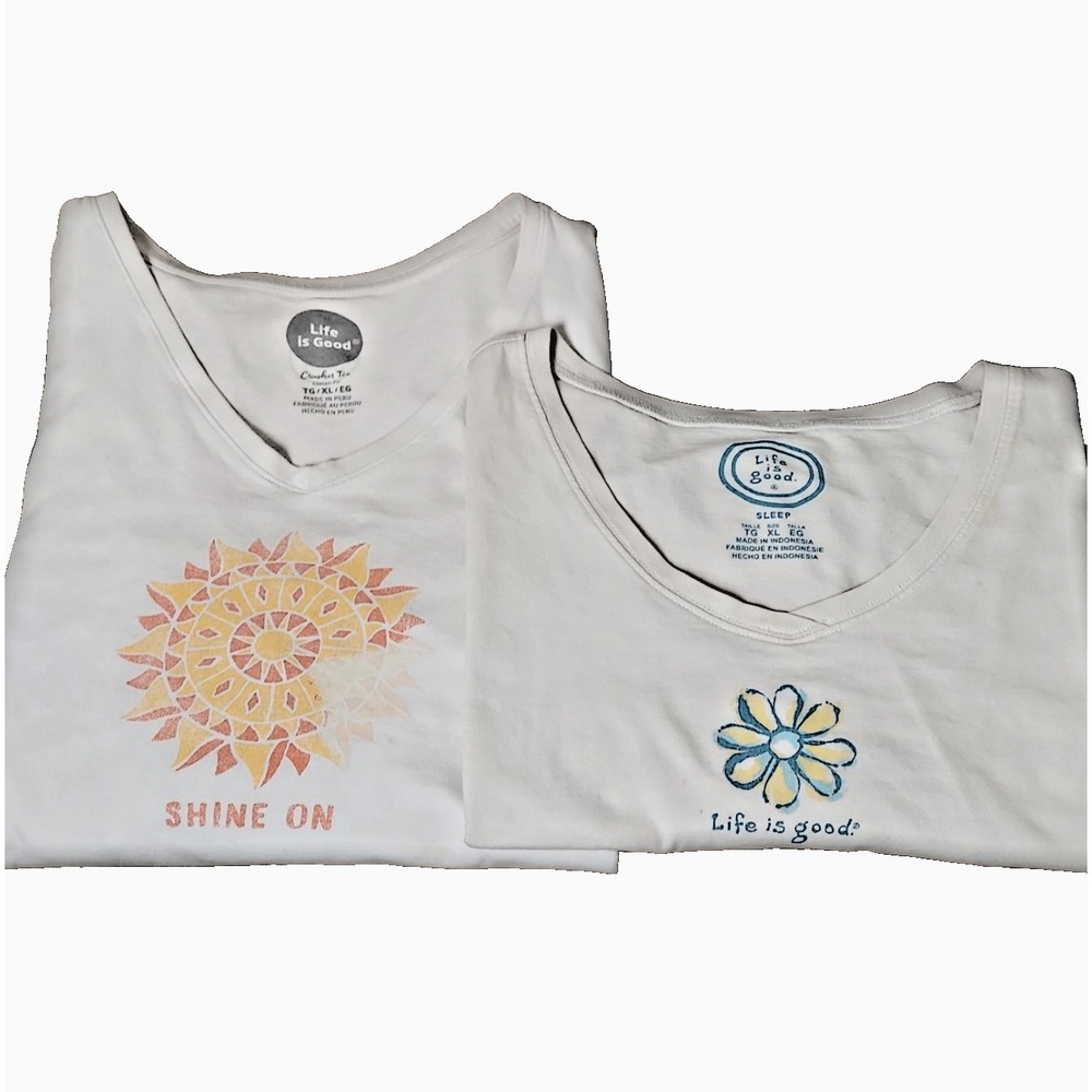 Life is Good Tee Shirt Women XL Crusher Sleep Lot of 2 T Shirts V Neck Graphic